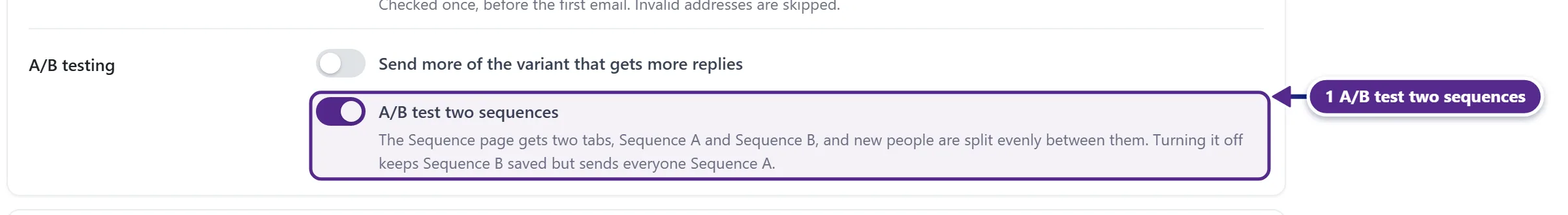 The A/B testing row of the Settings tab with the A/B test two sequences switch on.