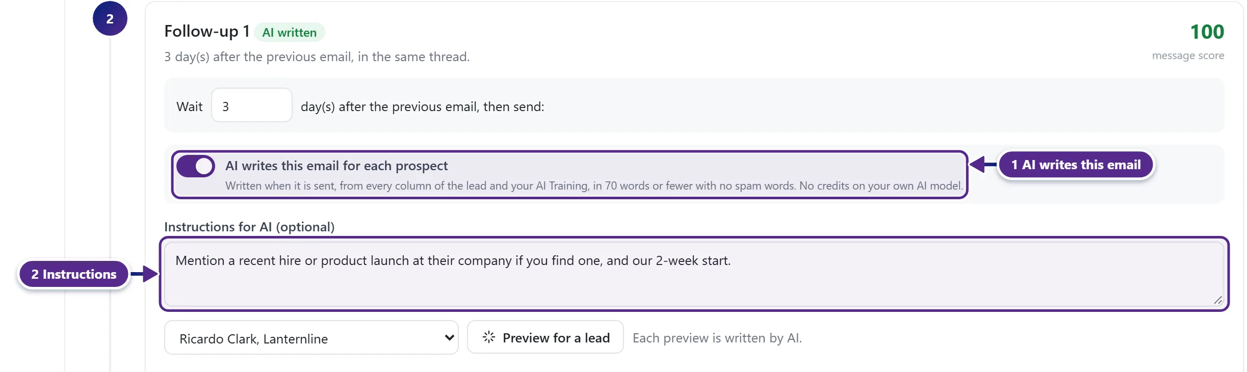 A sequence step with AI writes this email for each prospect switched on and the instructions field.