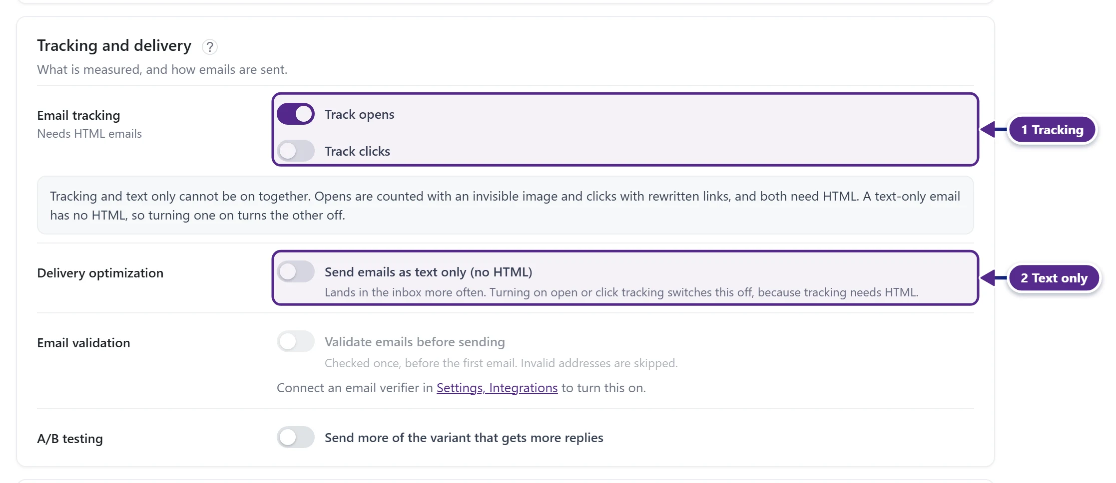 The Tracking and delivery card with the tracking switches and the text only switch marked.