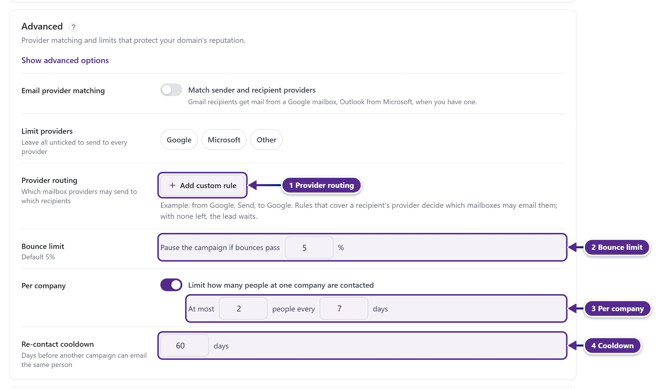The Advanced card opened, with provider routing, bounce limit, per company limit and re-contact cooldown marked.