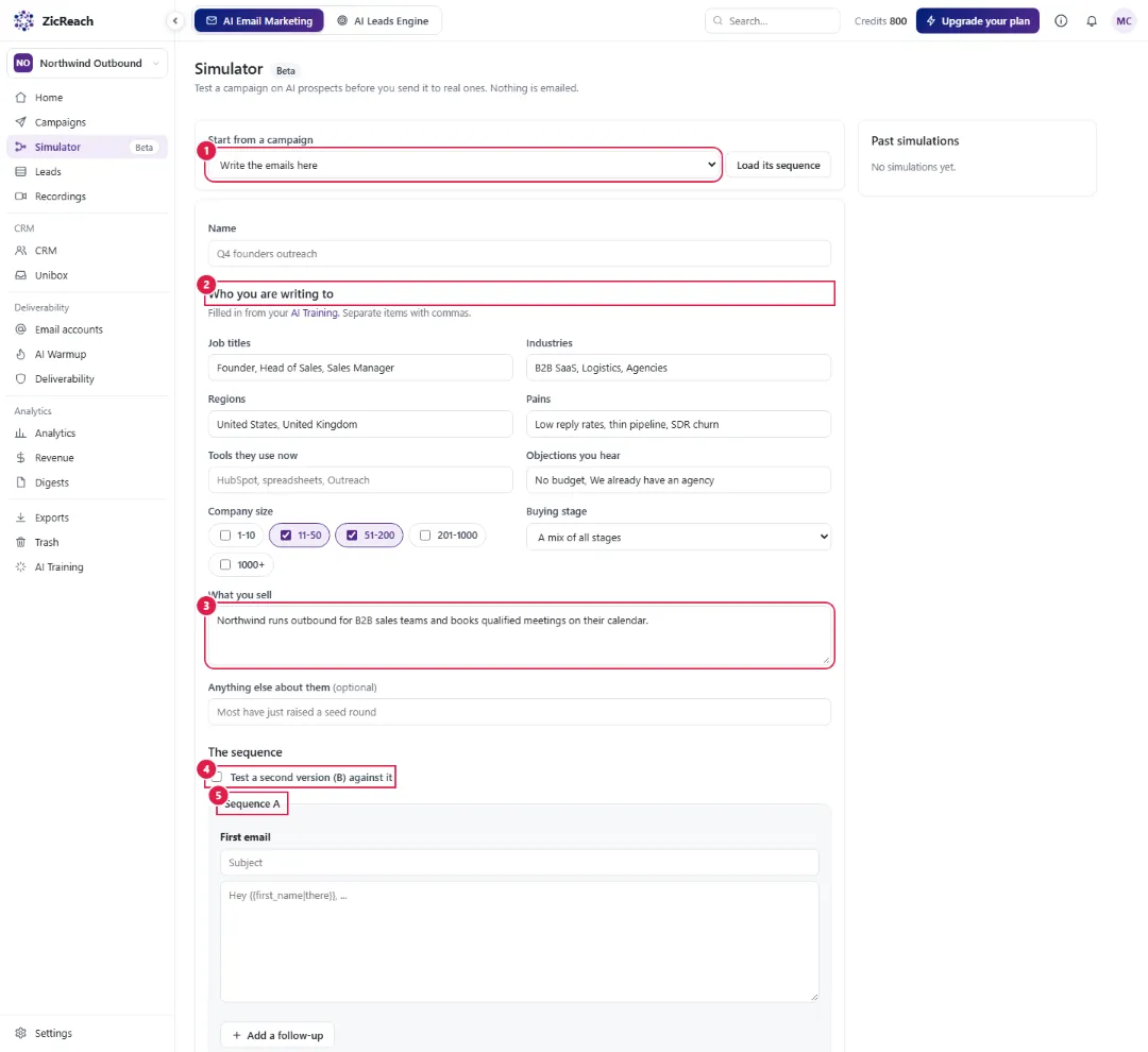 The Simulator setup page with the campaign picker, the audience fields, What you sell, the A/B switch and Sequence A marked.