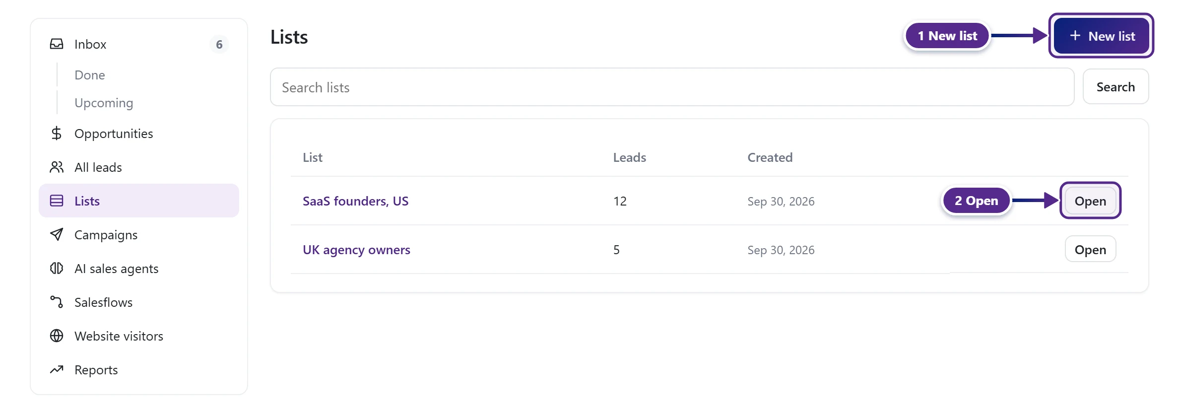 The CRM Lists page with the New list and Open buttons marked.