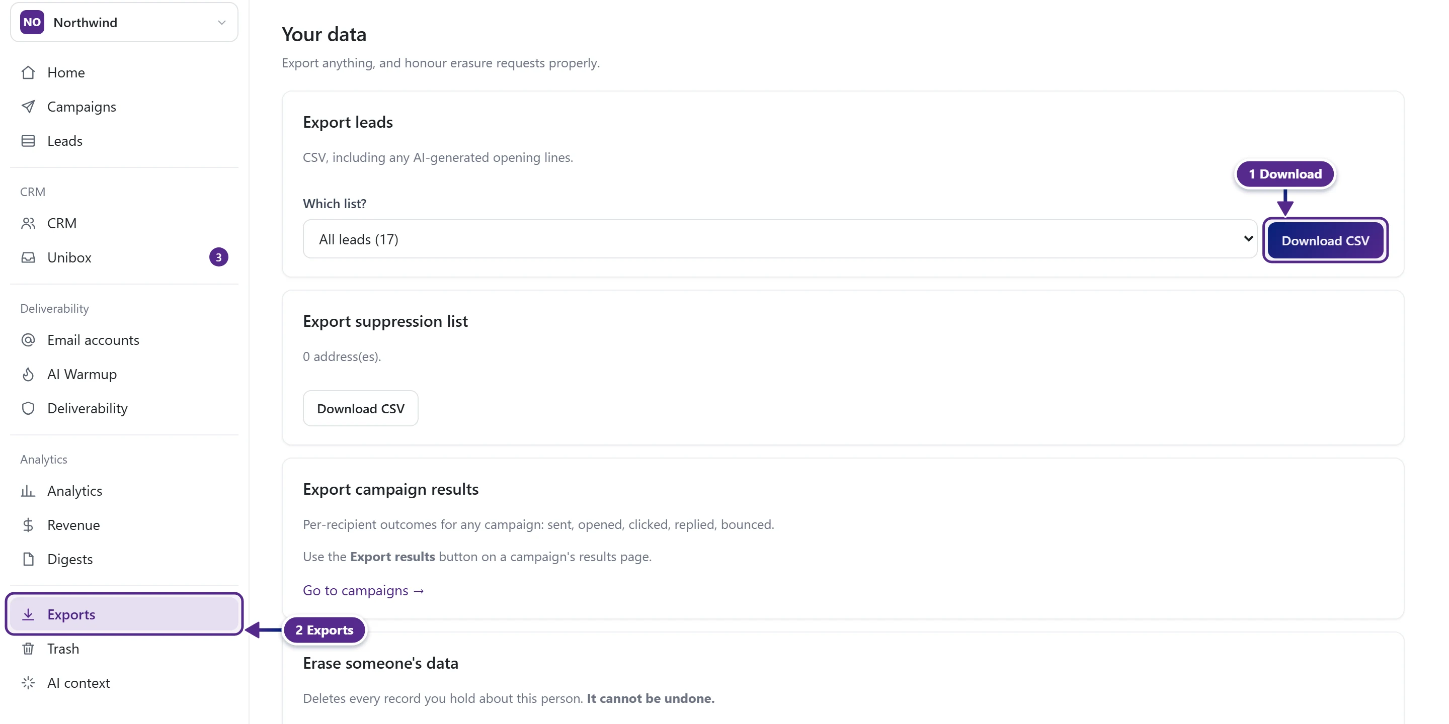 The Your data page with the Download CSV button and the Exports menu item marked.