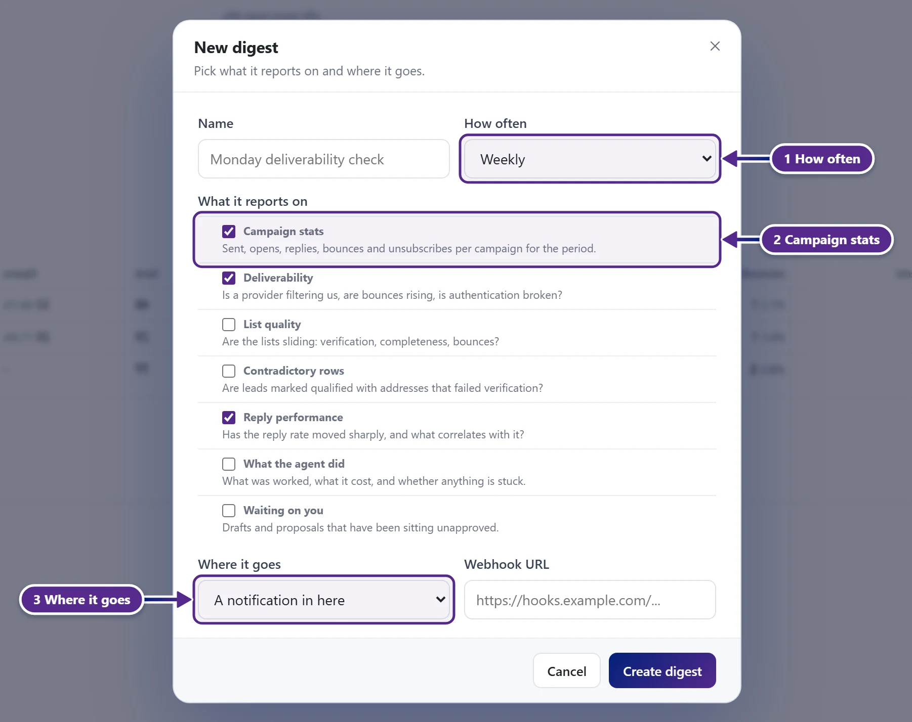 The New digest popup with How often, Campaign stats and Where it goes marked.