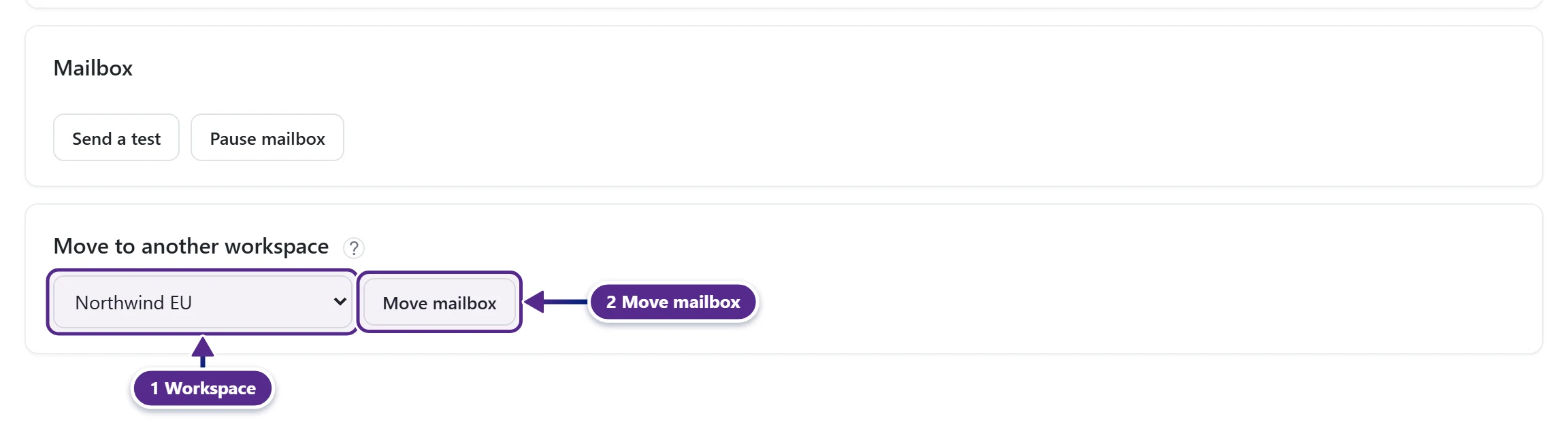 The Move to another workspace card on a mailbox Settings tab, with the workspace picker and the Move mailbox button marked.