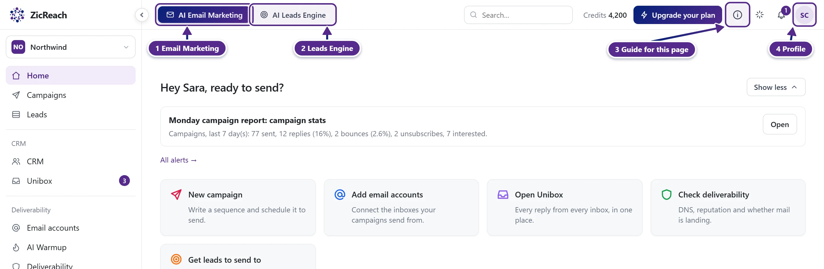 The top of the app with the AI Email Marketing and AI Leads Engine pills, the page guide icon and the profile initials marked.