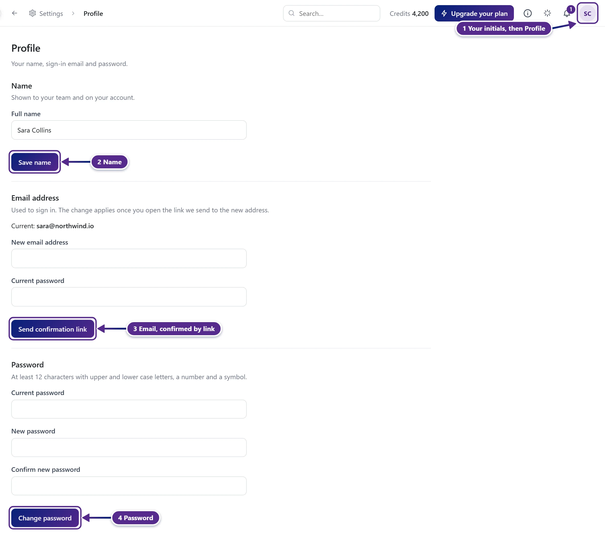 The Profile page with the initials menu, Save name, Send confirmation link and Change password marked.