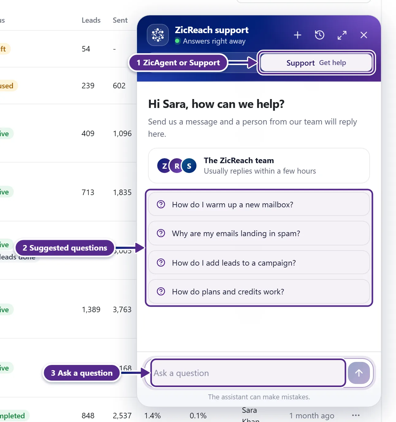 The support chat in the panel with the suggested questions and the question box.