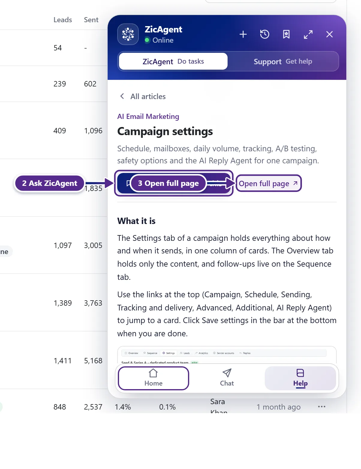 An article open in the Help tab of the panel with Ask ZicAgent about this and Open full page.