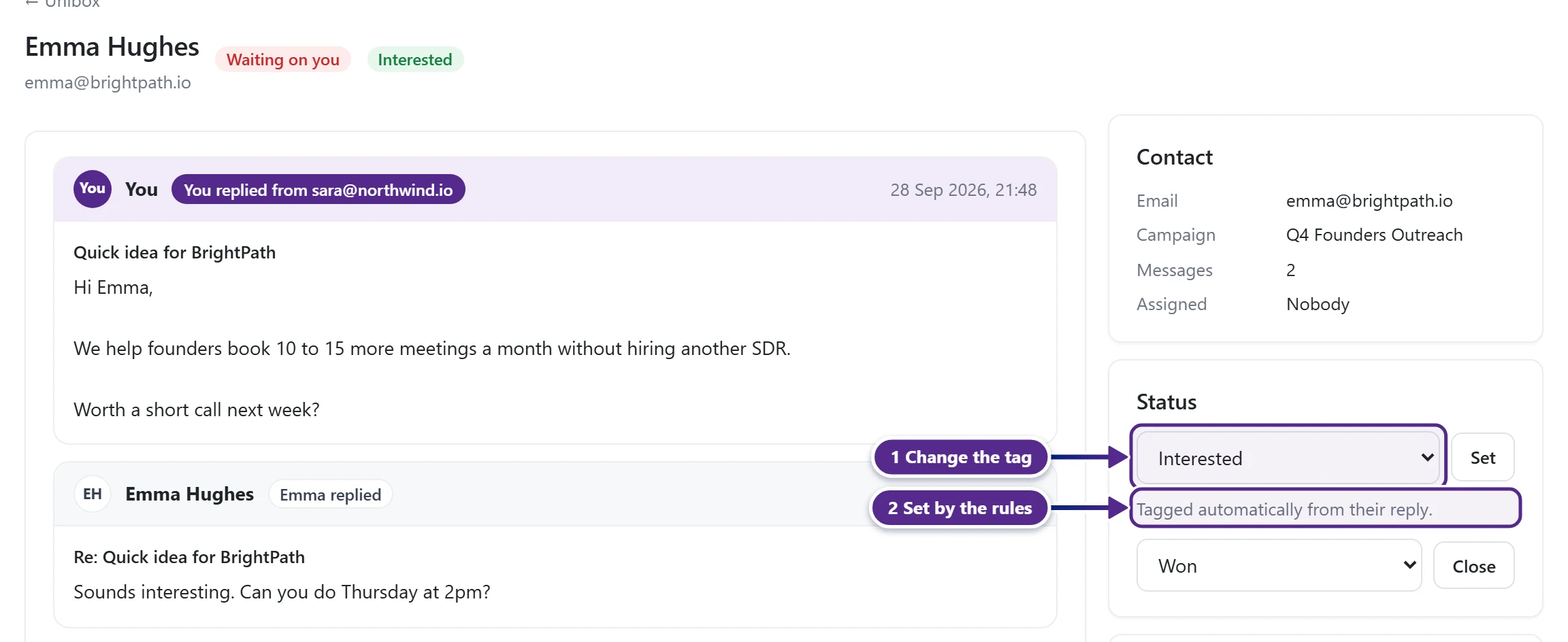 A conversation with the Status card, its status picker and the automatic tag note marked.