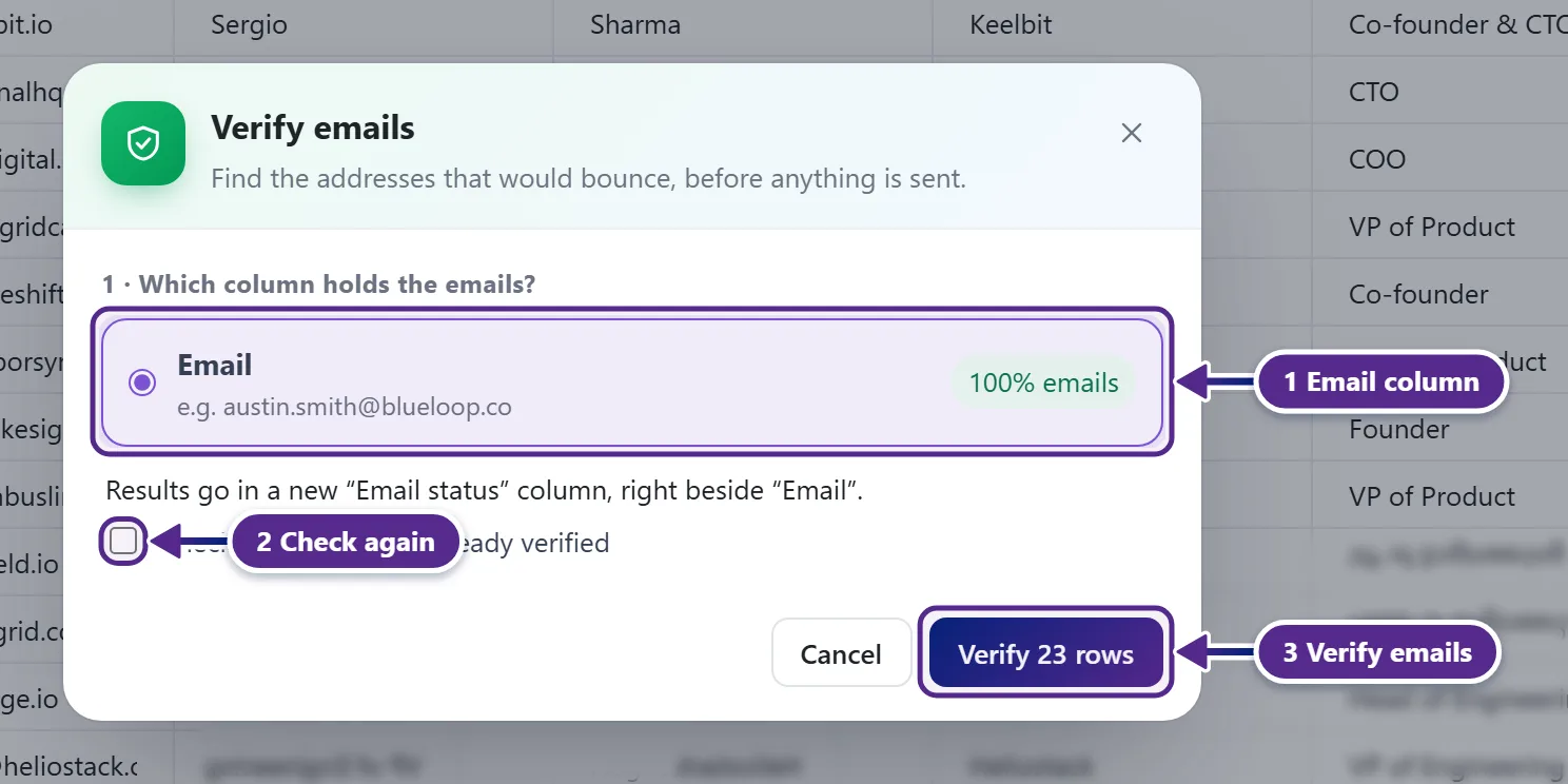 The Verify emails popup with the email column picker and the Verify emails button.